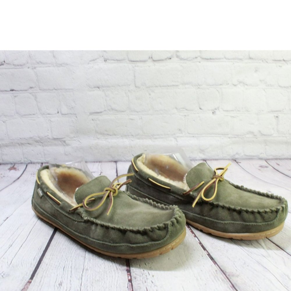 LL Bean Green Suede Wicked Good Shearling Lined Moccasin Slippers Size 12 - Picture 3 of 9